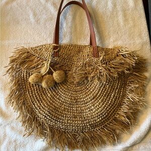 Tan and Brown Rafia and Leather Bohemian Fringe Purse Beach Tote Anthropologie
